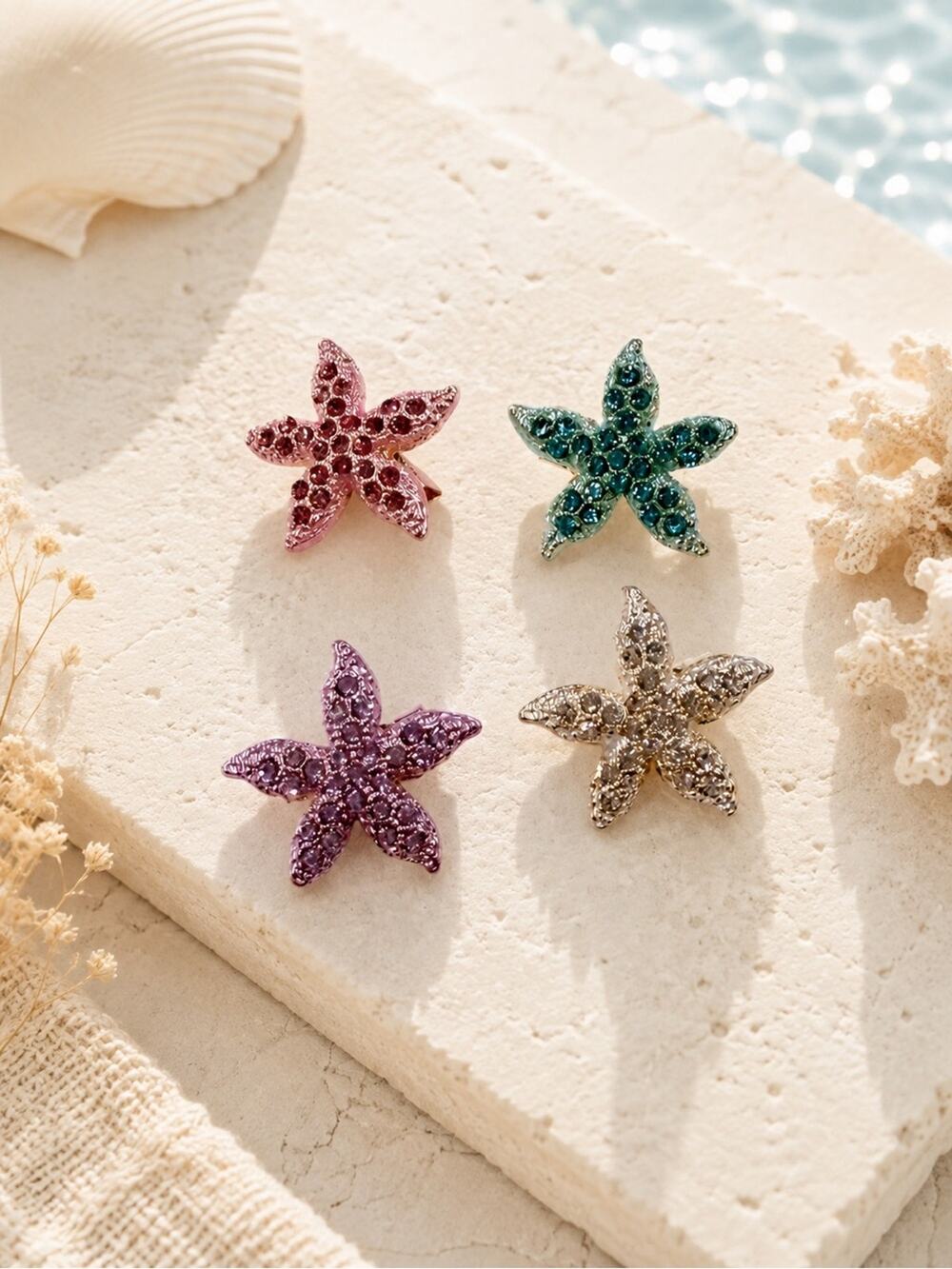 4 Crystal Starfish Pin brooch Set pink gold vintage inspired elegant gift bundle